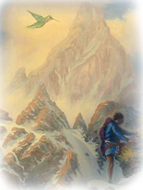 Painting by Jim Freeheart of Arthur climbing Mount Analogue.....